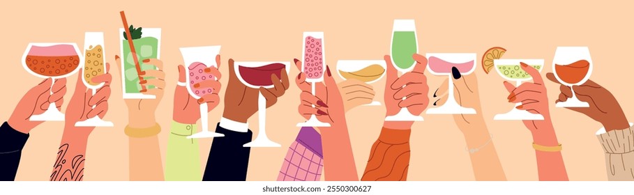 Coquetel na mão, bebida alcoólica. Mão segurando vidro. Champanhe, cerveja e Martini. Brinde no feriado. Mulher e homem celebrando. Banner horizontal da parte. Ilustração isolada de desenho animado vetorial