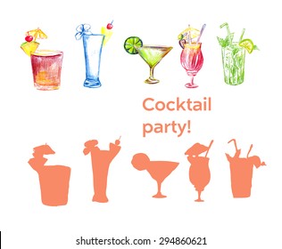 Cocktail hand drawn elements with vector silhouette. Isolated on white. Vector illustration.