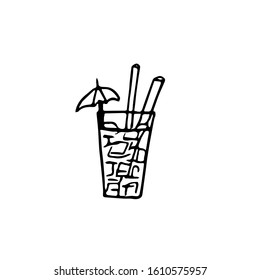 cocktail hand drawn in scandinavian style. glass with drink, umbrella ice cubes and straw