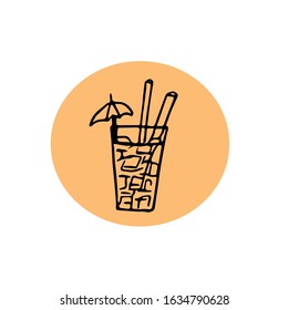 cocktail hand drawn in scandinavian style. glass with drink, umbrella ice cubes and straw