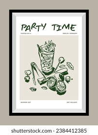 Cocktail hand drawn vector illustration in a poster frame. Art for poster design, postcards, branding, logo design, background.