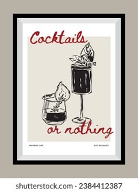 Cocktail hand drawn vector illustration in a poster frame. Art for poster design, postcards, branding, logo design, background.