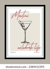 Cocktail hand drawn vector illustration in a poster frame. Art for poster design, postcards, branding, logo design, background.