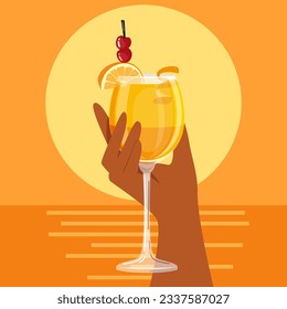 Cocktail in hand at sunset. Vector illustration. Summer card, banner, flyer, illustration for prints.