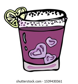 Cocktail with heart shaped ice. Hand-drawn vector illustration. Valentines day. Glass of wine, sweet cocktail, hearts. Stylish design. Menu, prints, poster, party decoration. Isolated on white.