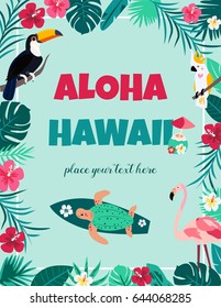 Cocktail with hibiscus flowers, birds, turtle, surfing and palm leaves. Beach bar or tropical party template. Invitation, banner, card, poster