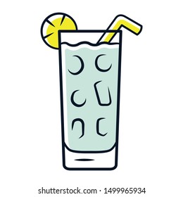 Cocktail in highball glass grey color icon. Summer icy refreshing soft drink with slice of lemon and straw. Tumbler with tall mixed drink. Gin and tonic. Isolated vector illustration