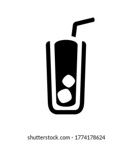 Cocktail in highball glass icon. Summer icy refreshing soft drink with ice and straw. Silhouette symbol. Negative space. Vector isolated illustration