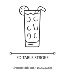 Cocktail in highball glass linear icon. Summer icy refreshing soft drink with lemon and straw. Gin and tonic. Thin line illustration. Contour symbol. Vector isolated outline drawing. Editable stroke