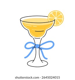 Cocktail holiday drink decorated bow ribbon. Summer party beverage with lemon slice. Refreshing beverage in stem glass. Flat vector illustration isolated on white background