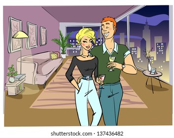 Cocktail home party, Party people, Friends. Hand drawn sketch.