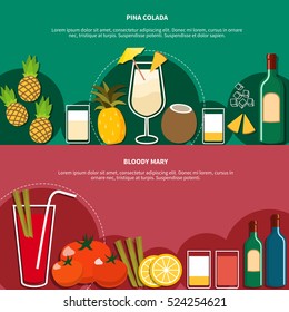 Cocktail horizontal banners with colorful icons of drinks and their ingredients in flat style vector illustration