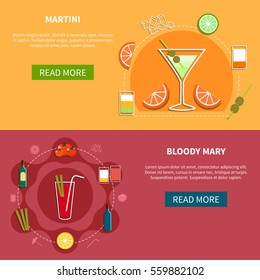 Cocktail horizontal banners with recipes of alcoholic beverages in flat style isolated vector illustration