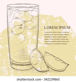 Cocktail Horse Neck scetch. Made from Light rum, ginger ale, Angostura Bitter, ice cubes, lemon