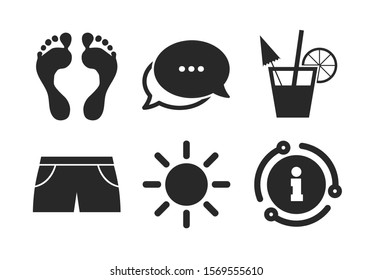 Cocktail, human footprints and swimming trunks signs. Chat, info sign. Beach holidays icons. Summer sun symbol. Classic style speech bubble icon. Vector