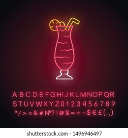 Cocktail in hurricane glass neon light icon. Refreshing alcohol drink for party. Tumbler with beverage, lemon, straw. Glowing sign with alphabet, numbers and symbols. Vector isolated illustration