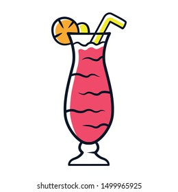 Cocktail in hurricane glass red color icon. Refreshing alcohol drink for party. Tumbler with tall beverage, slice of lemon, straw. Mixed liquid with rum and fruit juice. Isolated vector illustration