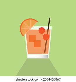 Cóctel con hielo, cerezo y naranja sobre un fondo verde. Imagen vectorial plana minimalista. Concepto de bebidas alcohólicas. Se puede usar como un icono. Dibujar con el estilo de una sombra dura.