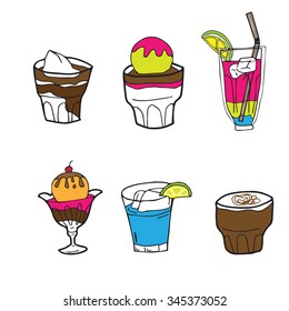 Cocktail and ice cream cartoon drawing