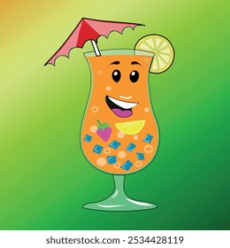 Cocktail with ice isolated on green background. Gradient background. Smooth transition from yellow to green. Vector illustration.