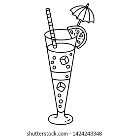 Cocktail with ice lemon and umbrella decoration doodle line black and white vector icon