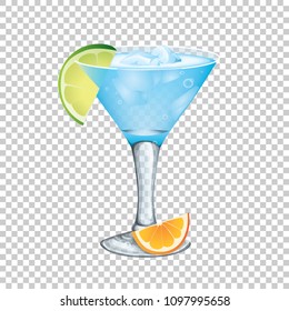 Cocktail with ice and lime slice on a transparent background. Vector illustration.