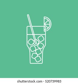 Cocktail With Ice Line Icon On Green Background