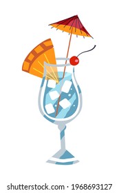 Cóctel con hielo, piña, cerezo y paraguas, bebida tropical de verano Hawaii aloha. Afiche de viaje exótico vintage de la playa hawaiana elemento de ilustración vectorial. Vidrio de fondo blanco.