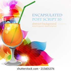 Cocktail with  ice and straw on transparent flowers background
