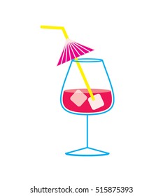 Cocktail with ice and umbrella stroke. vector
