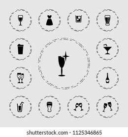 Cocktail icon. collection of 13 cocktail filled icons such as clean wine glass, dress, glasses clink, drink, clink glasses, soda. editable cocktail icons for web and mobile.