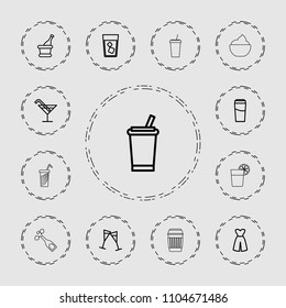 Cocktail icon. collection of 13 cocktail outline icons such as drink, dress, wine glass, champagne. editable cocktail icons for web and mobile.