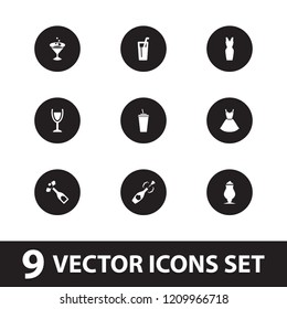 Cocktail icon. collection of 9 cocktail filled icons such as dress, drink, milkshake, champagne. editable cocktail icons for web and mobile.