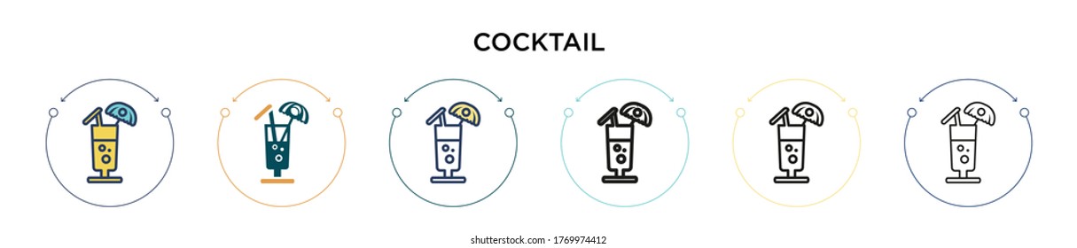 Cocktail icon in filled, thin line, outline and stroke style. Vector illustration of two colored and black cocktail vector icons designs can be used for mobile, ui, web