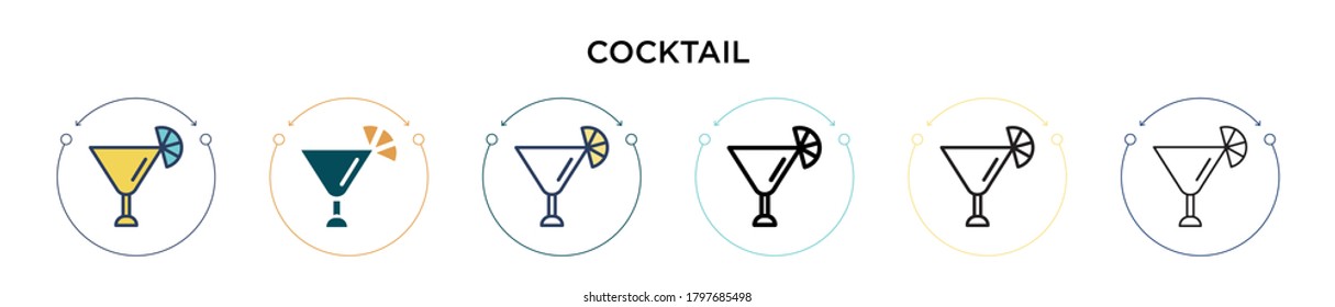 Cocktail icon in filled, thin line, outline and stroke style. Vector illustration of two colored and black cocktail vector icons designs can be used for mobile, ui, web