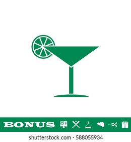 Cocktail icon flat. Green pictogram on white background. Vector illustration symbol and bonus button