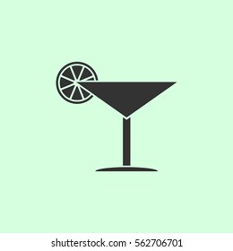 Cocktail icon flat. Grey vector symbol on green background