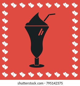 Cocktail icon flat. Simple black pictogram on red background with white hearts for valentines day. Vector illustration symbol