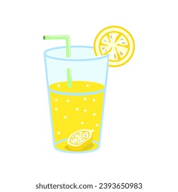 Icono de cóctel. Plato, amarillo, cóctel con paja, limón sobre un vaso. Icono de vector