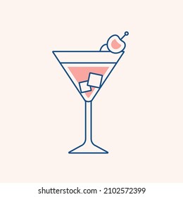 Cocktail icon illustration, alcoholic and non-alcoholic summer drinks with ice cubes of lemon, lime, and mint. Whiskey with ice, tequila, vodka, sambuca, mojito and martini