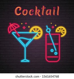 Cocktail Icon Neon Light Glowing Silhouette Vector Illustration Bright