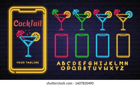 Cocktail Icon Neon Light Glowing Vector Illustration. Neon Light, Neon Logo, Sign Editable, Useful Neon Glowing. Cocktail Set Icon and Yellow Alphabet