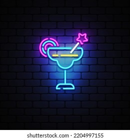 Cocktail icon neon on light background. Holiday banner design. Party decoration. Vector illustration