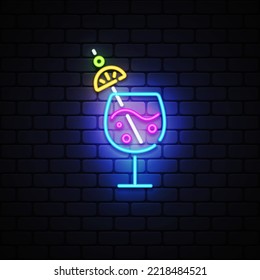 Cocktail icon neon on light background. Holiday banner design. Party decoration. Vector illustration