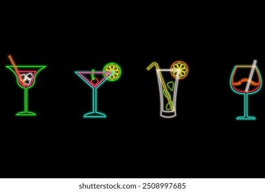 Cocktail icon neon on light background. Holiday banner design. Party decoration. Vector illustration.