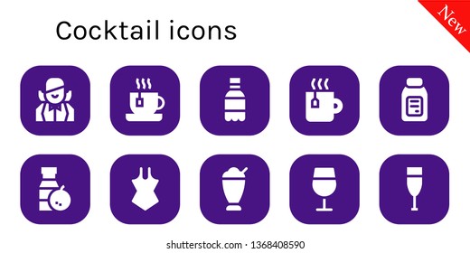 cocktail icon set. 10 filled cocktail icons.  Collection Of - Croupier, Tea, Soda, Alcohol, Juice, Swimsuit, Milkshake, Wine glass, Champagne