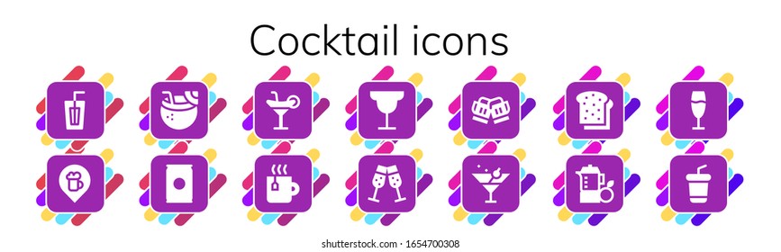 cocktail icon set. 14 filled cocktail icons. Included Drink, Bar, Coconut drink, Soda, Cocktail, Tea, Champagne, Toast, Martini, Juice icons