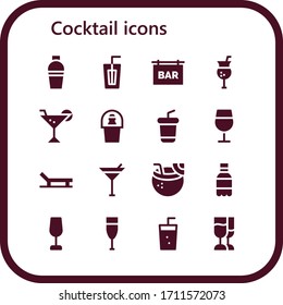 cocktail icon set. 16 filled cocktail icons.  Simple modern icons such as: Shaker, Drink, Bar, Cocktail, Champagne, Soda, Wine glass, Beach, Martini, Coconut drink