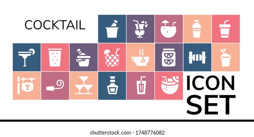 cocktail icon set. 19 filled cocktail icons.  Simple modern icons such as: Champagne, Cocktail, Bar, Party whistle, Drinks, Whiskey, Drink, Coconut drink, Ice bucket, Tea, Lemonade