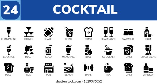 cocktail icon set. 24 filled cocktail icons.  Collection Of - Champagne, Drinks, Shaker, Drink, Toast, Swimsuit, Rum, Cocktail, Soda, Milkshake, Juice, Ice bucket, Pub, Beach